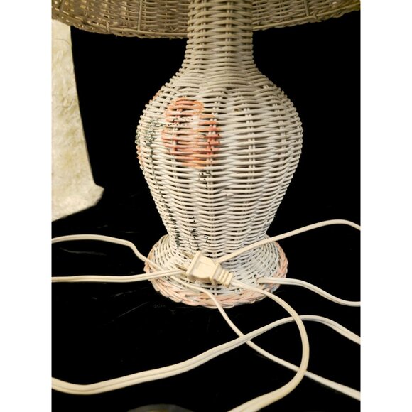 Vintage Wicker Table Lamp With Hand-Painted Floral Details & Shade - Picture 7 of 12